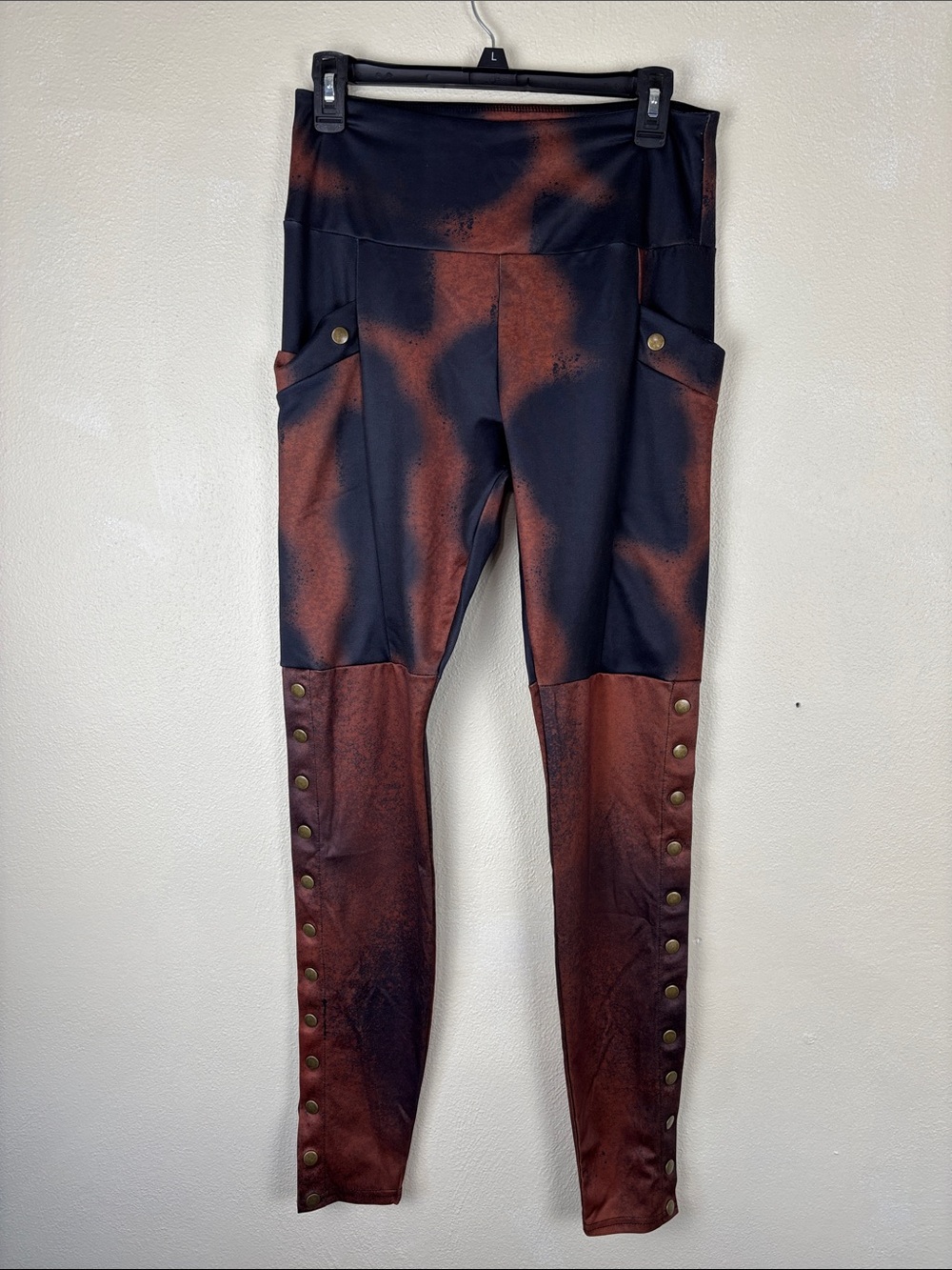 Misslook Moto Pocket Leggings Large Blue Brown Acid Wash Studded Festival Grunge